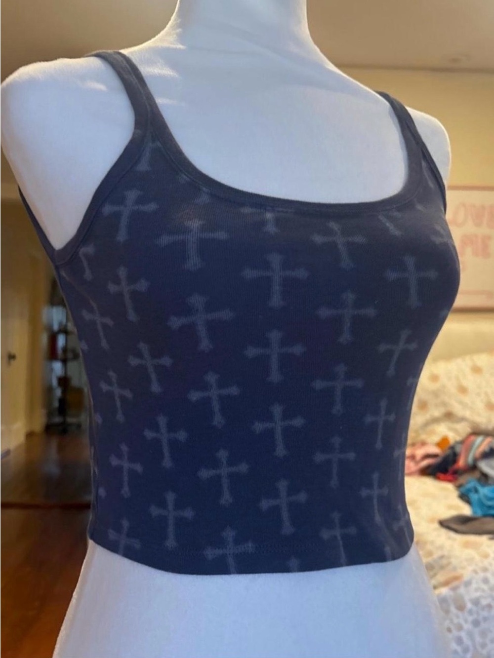 Black Cross-Print Ribbed Tank Top